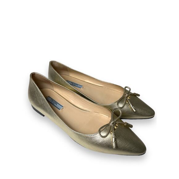 PRADA Gold Metallic Leather Bow Logo Accent Pointed Toe Ballet Flats 36 US 6 - Picture 3 of 7